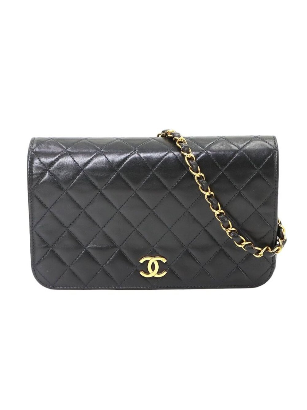 Chanel Quilted Chain Shoulder Bag Lambskin Black Gold Push Lock